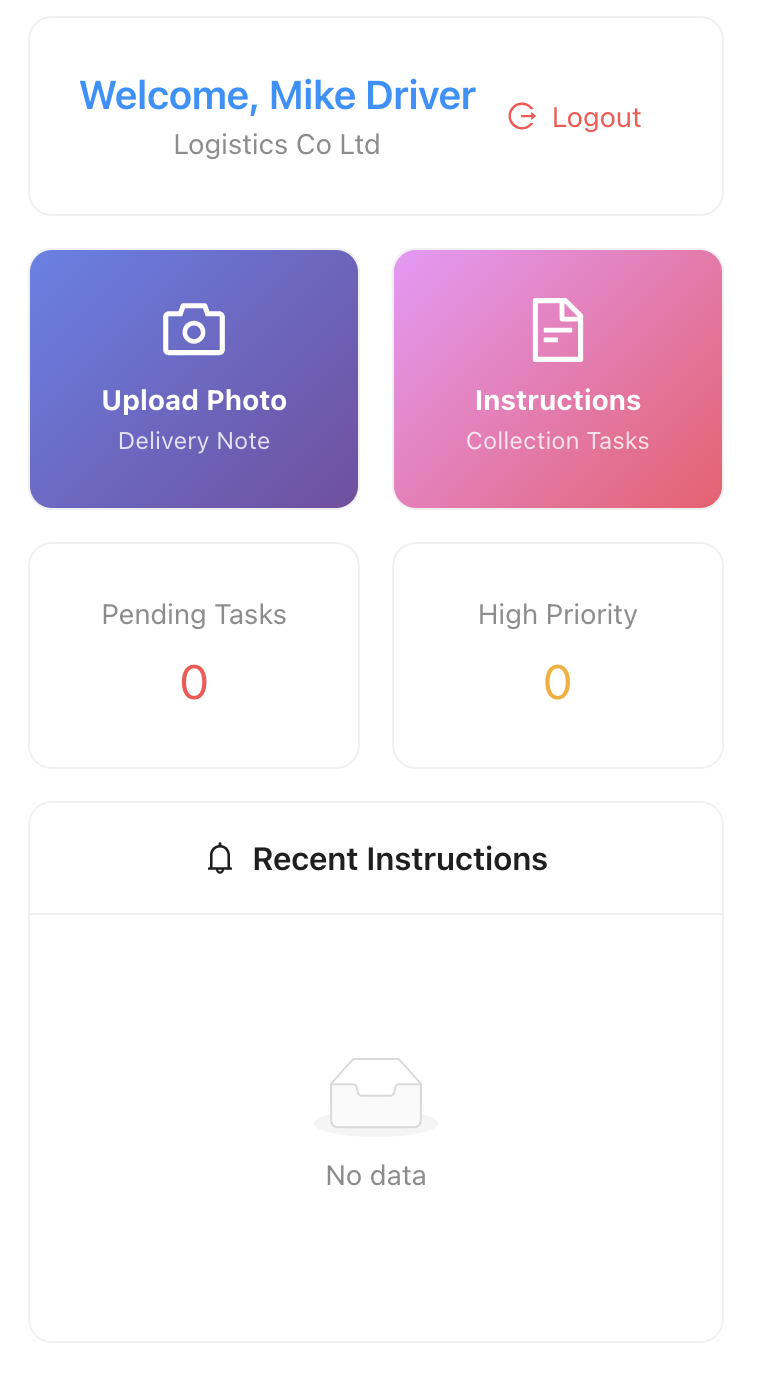 Logeq Driver Mobile App showing photo capture and task management